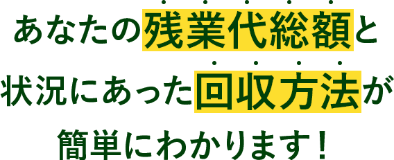 あなたの残業代総額と状況にあった回収方法が簡単にわかります！